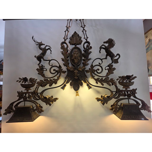 Coat of Arms Crest Wrought Iron Chandelier Light Fixture Hand Made Spanish Design Old World Castle For Sale - Image 4 of 14