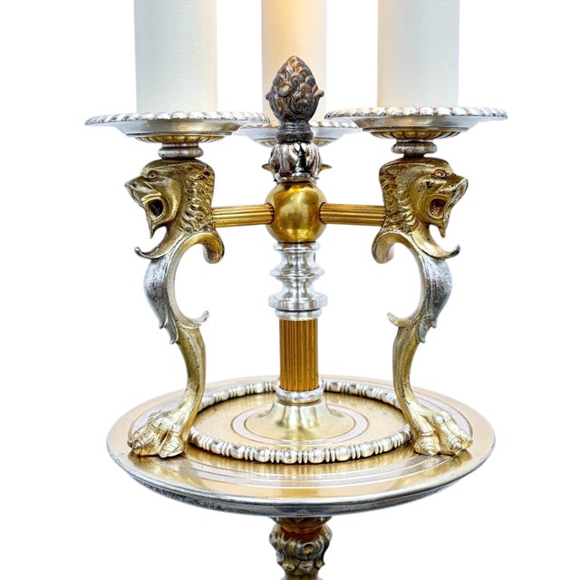 Metal 1910s Candleabra Floor Lamp With Lion Heads in Solid Cast Brass #2612 For Sale - Image 7 of 11
