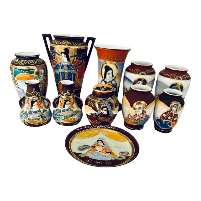 Vintage Mini Japanese Vases Hand-Painted 24k Gold Detail - a Set of 11 For Sale