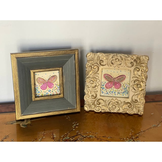 1970s Small Pink Lady Butterfly Original Paintings - Set of 2 For Sale - Image 4 of 5