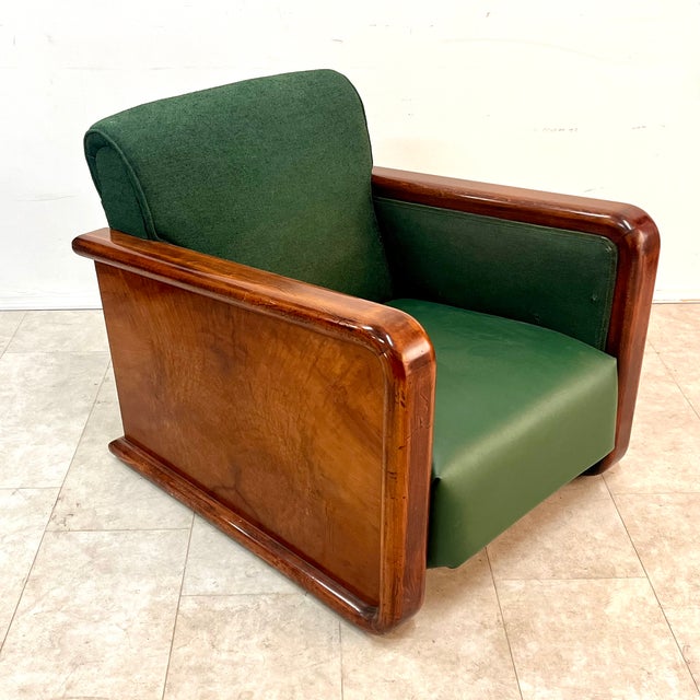Large Vintage Art Deco Italian Club Chair in Burl Walnut and Green Fabric, 1930s For Sale - Image 4 of 4