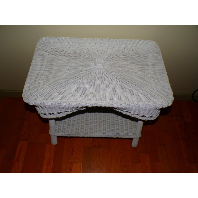 Vintage White Draped Wicker Rattan Sculpted Beaded Coffee Table Plant Stand For Sale - Image 13 of 18