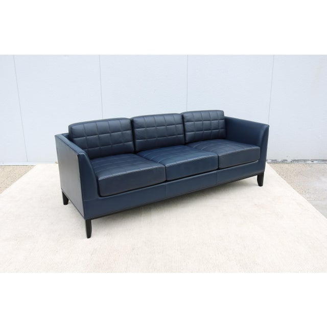 Bernhardt MCM Style Mark Goetz for Bernhardt Design Moreau Sofa in Navy Blue Leather For Sale - Image 4 of 18