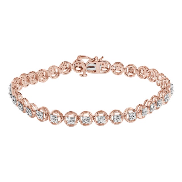 2 Micron 14K Rose Gold Plated Sterling Silver Diamond Circle Tennis Bracelet (0.10 cttw, I-J Color, I2-I3 Clarity) For Sale
