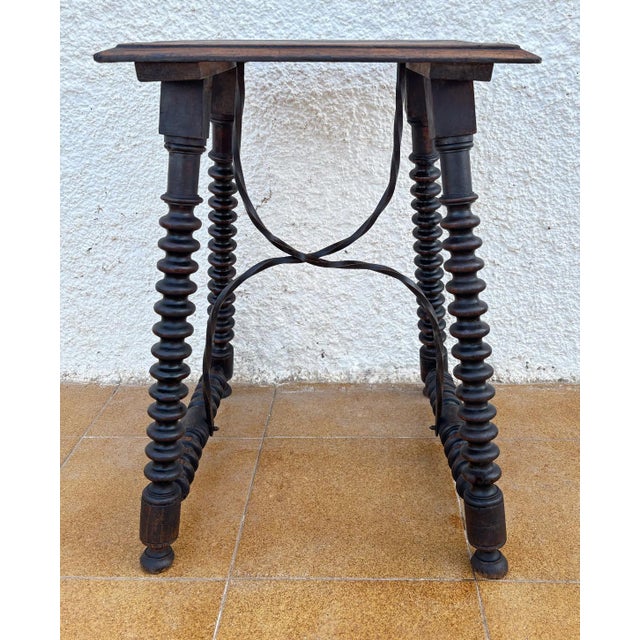 1920s Spanish Baroque Revival Oak Side Table with Barley Twist Legs and Iron Stretcher For Sale - Image 4 of 10