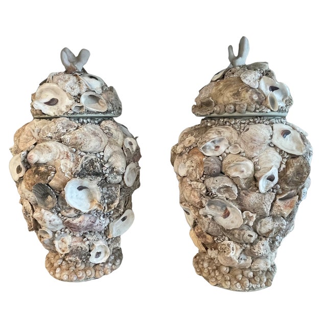 Hollywood Regency Late 20th Century Large Shell-Encrusted Urns With Lids For Sale - Image 3 of 6