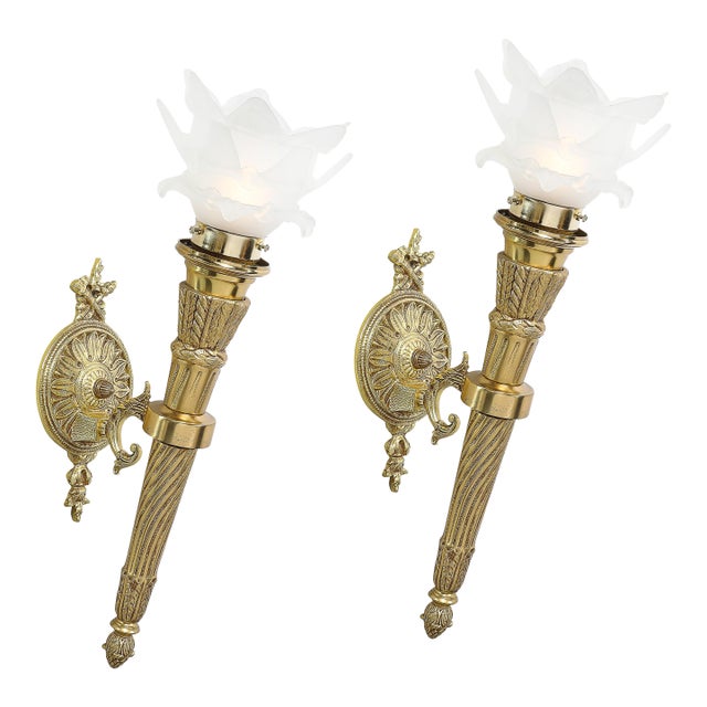 Pair of Neoclassical Antique Brass Torch Form Sconces With Frosted Glass Shades For Sale