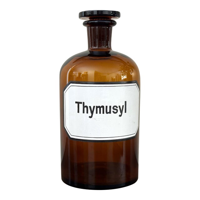 1930s German Amber Glass Apothecary Bottle – Thymusyl, 8-1/2" W/ Stopper - Large For Sale