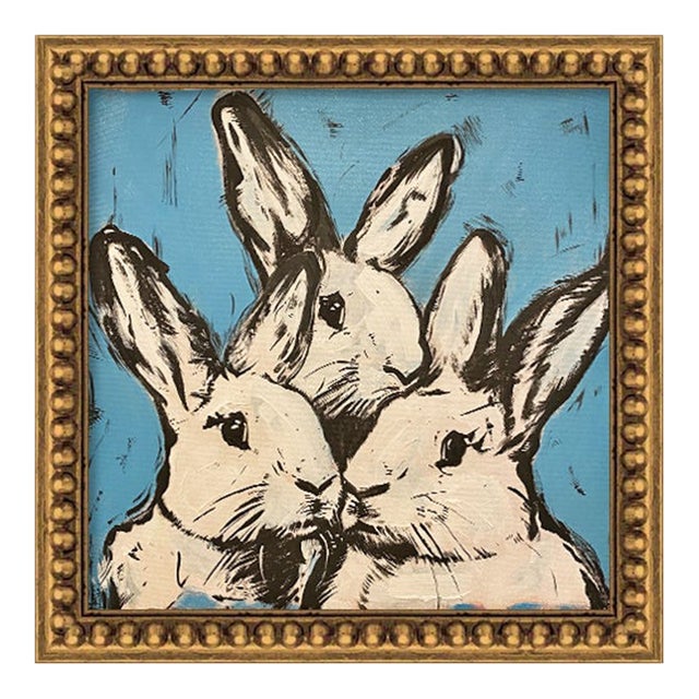 Bunny Hutch Original Actylic Painting in Gold Gilded Frame – Small Animal Art 13.3" X 13.5" – Whimsical Farmhouse Decor by Tatiana Duperault For Sale