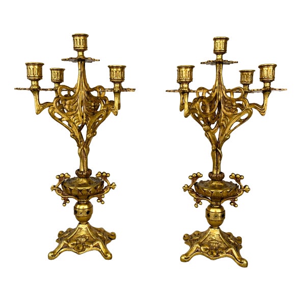 Vintage French Ornate 5-Arm Candelabras, Set of 2 For Sale
