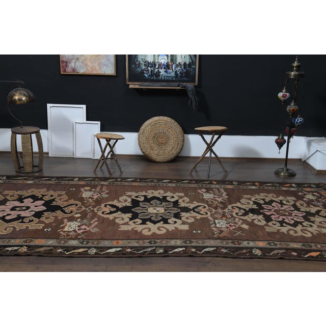 Textile Brown Turkish Vintage Handmade Kilim Wool Runner Rug 70's For Sale - Image 7 of 11