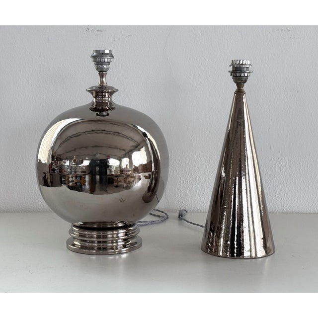 Mid-Century Modern Italian Ceramic Table Lamp in Silver Metallic from Ugo Zaccagnini, 1960s For Sale - Image 6 of 15