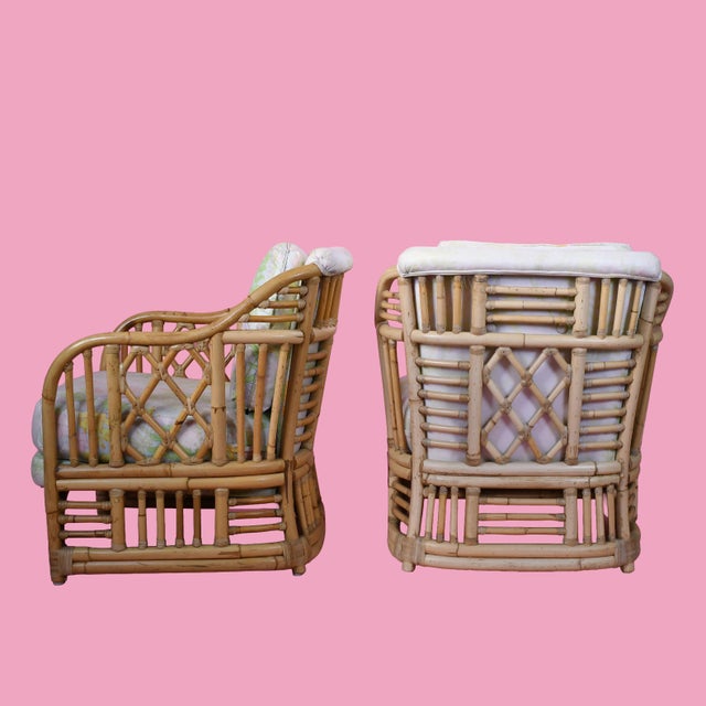 1970s Pair of Vintage Fretwork Burnt Bamboo Upholstered Club Chairs For Sale - Image 5 of 5