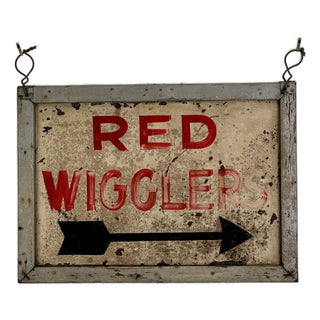 Antique Tin & Wood Sign Advertising "Red Wigglers" in Red Lettering For Sale