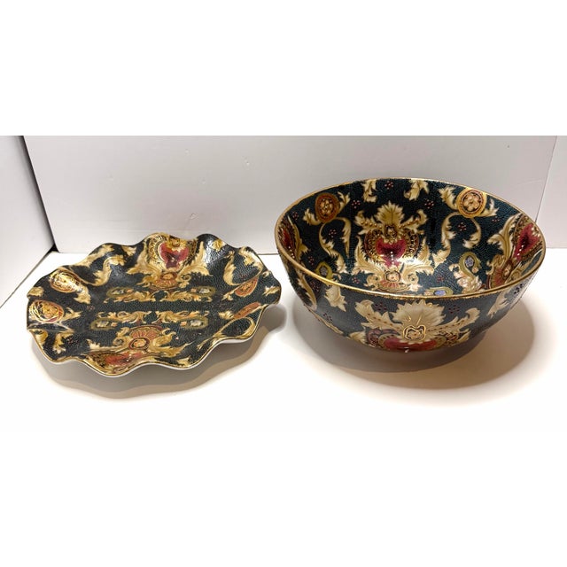 Vintage Famille Noire Hand Painted Enamel Satsuma Ware Bowl & Scalloped Edge Plate From China For Sale - Image 4 of 12