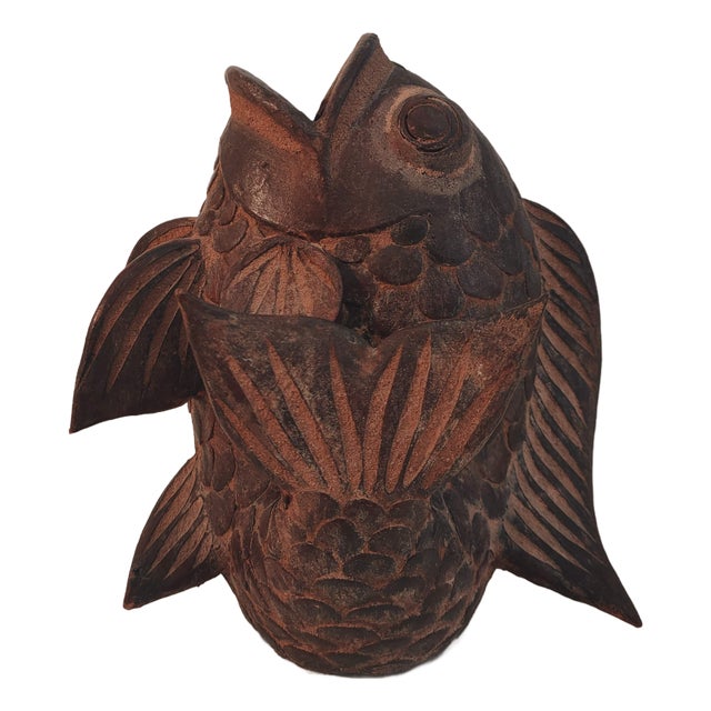 Vintage Asian Terracotta Koi Fish Sculpture or Vase, 1960s For Sale