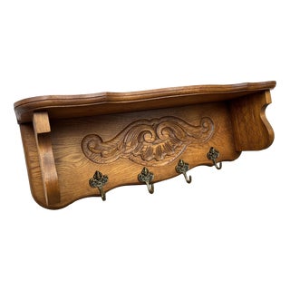 Vintage French Oak Wall-Mounted 4-Hook Coat Rack For Sale