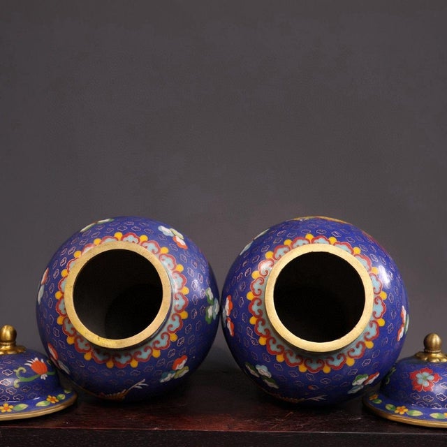 Pair of Vintage Chinese Blue Cloisonné "Dragon & Phoenix" Covered Jars For Sale - Image 9 of 10