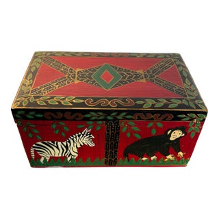 Vintage Wood & Paper Mache Hand Painted Safari Style Dresser Box ~ Monkeys & Zebras For Sale