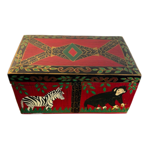 Vintage Wood & Paper Mache Hand Painted Safari Style Dresser Box ~ Monkeys & Zebras