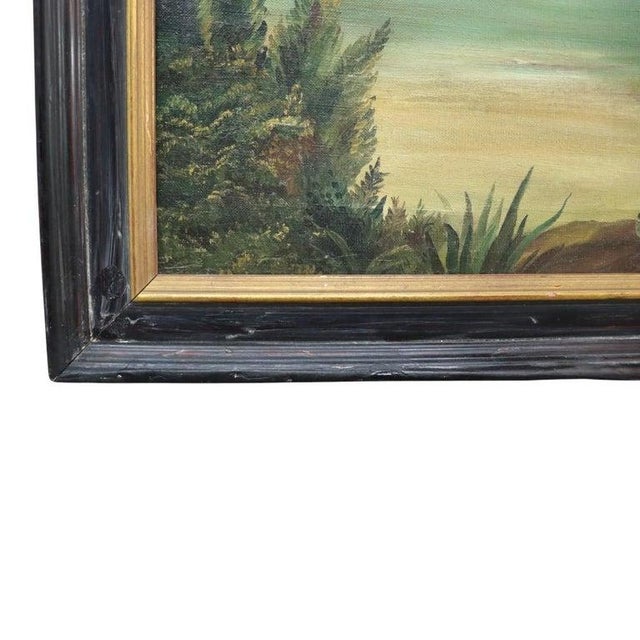 Green Antique Oil on Canvas Folk Art Painting of a Rustic Country River Village C1890 For Sale - Image 8 of 12