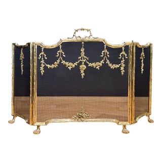 Louis XVI Style Brass Three Panel Fireplace Screen For Sale