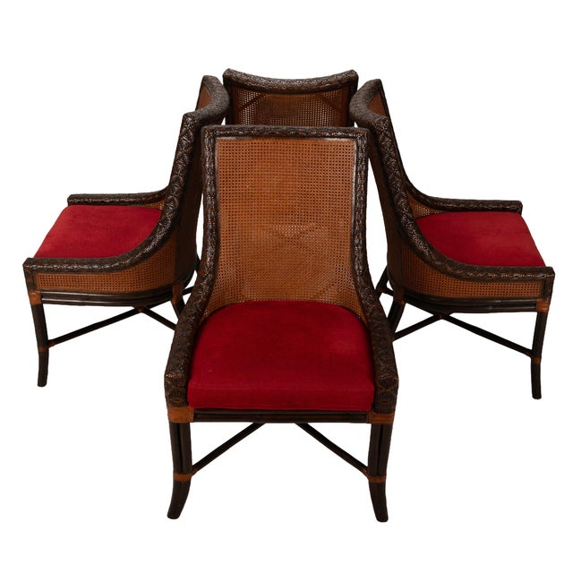 Wood Set of 4 Artistica Rattan & Bamboo Dining Chairs With Double Caned Back & Red Upholstered Seats For Sale - Image 7 of 17