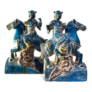 1950's Chinoiserie Stoneware Turquoise Teal Tang Warriors on Horses - Pair For Sale