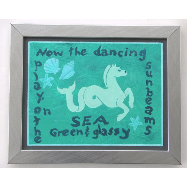 Classical Sea Horse Painted in sea foam green with navy blue lettering. Minimalism, Folk Art, Pop Art, coastal, nautical,...