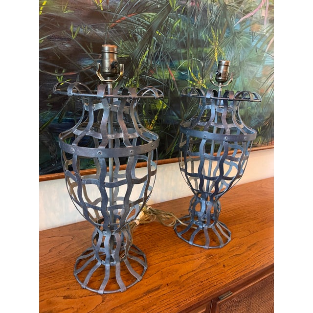 Vintage Hand-Forged Wrought Iron Basket Form Table Lamps, a Pair For Sale - Image 4 of 10