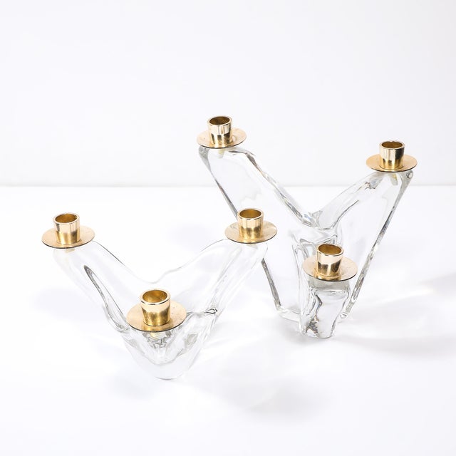 Schneider Glass Pair of Mid-Century Amorphic Crystal & Brass 3 Arm Candelabra Signed Schneider For Sale - Image 4 of 10