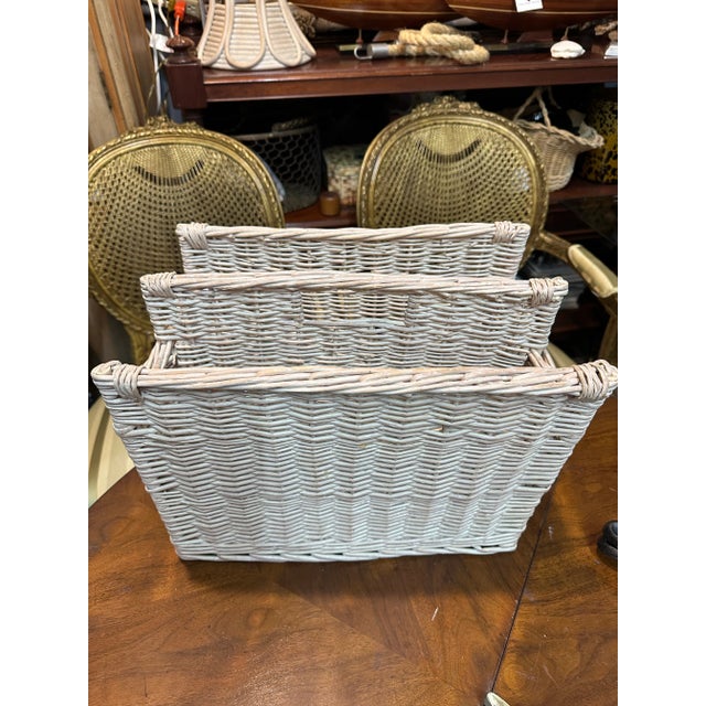 Boho Chic White Rattan Magazine Holder For Sale - Image 3 of 3