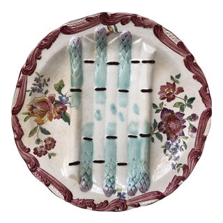 19th Century Longchamp Majolica Asparagus Plate With Flowers For Sale