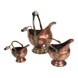 1970s Copper Coal Scuttle Planters- Set of 3 For Sale