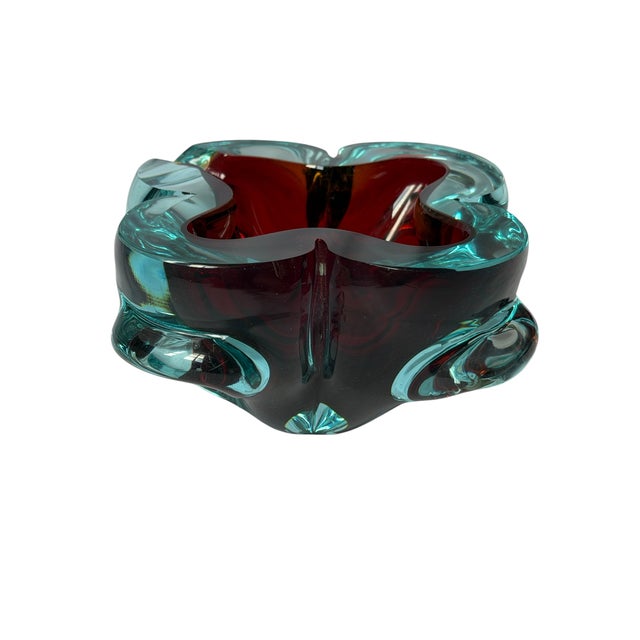 1960s Italian Murano Sommerso Ruby Red & Aqua Art Glass Bowl / Ashtray For Sale - Image 9 of 18