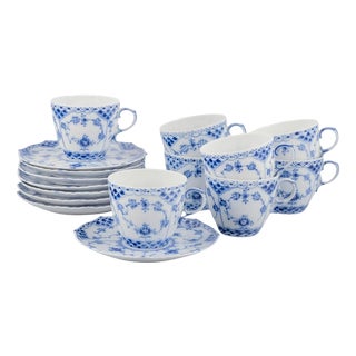 Blue Fluted Full Lace Coffee Cups with Saucers from Royal Copenhagen, 1960s, Set of 16 For Sale