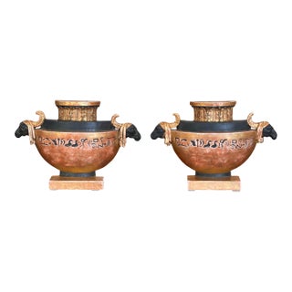 19th Century Pair of Neoclassical Painted and Gilt Flatback Urns in the Egyptian Taste For Sale