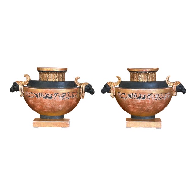 19th Century Pair of Neoclassical Painted and Gilt Flatback Urns in the Egyptian Taste For Sale