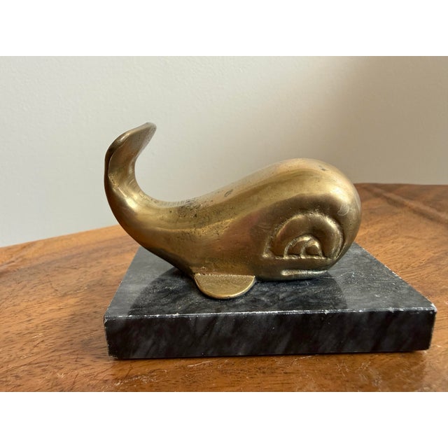 Vintage Small Nautical Whale Paperweight on Black Marble Base For Sale - Image 4 of 5