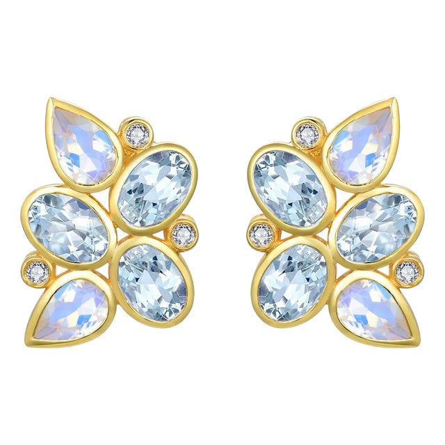 Nina Zhou Aquamarine Moonstone Diamond Cluster Earrings in 14k Yellow Gold - a Pair For Sale