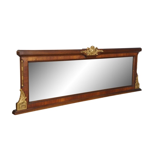 Antique Victorian French Louis XVI style mahogany mantel mirror with gold gilded ormolu mounts, ornate central crest,...