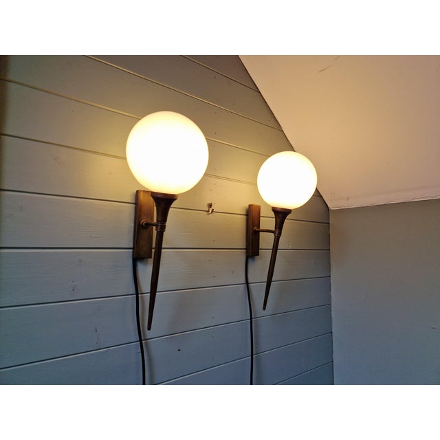 Brass and White Opaline Wall Sconces, 1930s, Set of 2 For Sale - Image 14 of 16