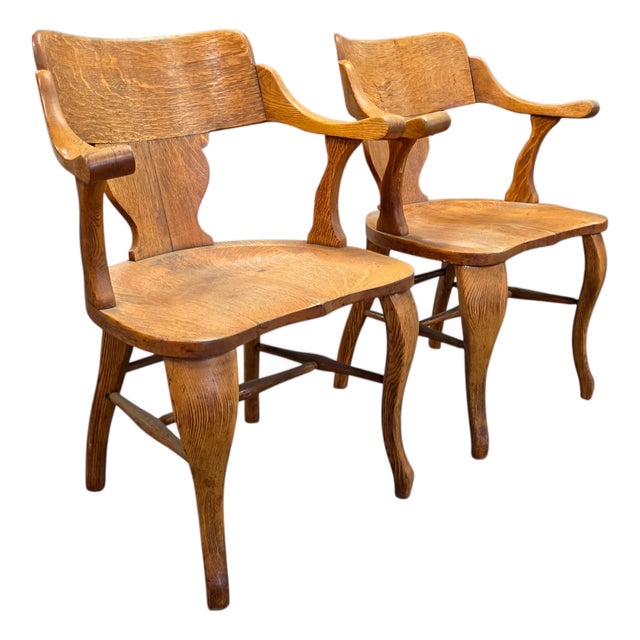 Pair of English Arts & Crafts Solid Quarter-Sawn Oak Armchairs, Early 20th Century For Sale