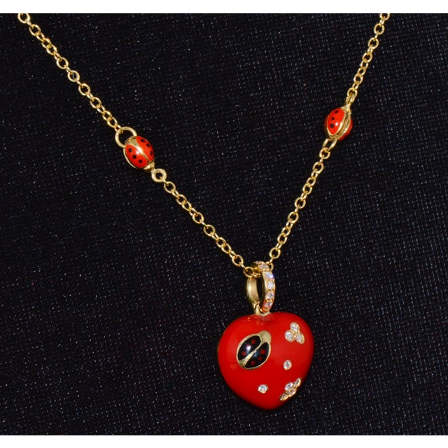 Aaron Basha 18k Gold Diamond Enamel Ladybug Puffy Heart Pendant Necklace For Sale - Image 12 of 14
