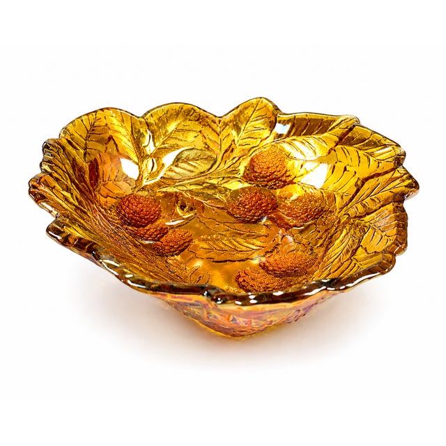 Vintage Iridescent Amber Carnival Glass Grape & Leaf Ruffled Bowl 7.75" Floral For Sale - Image 10 of 10