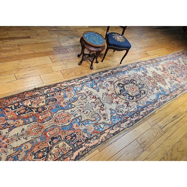 1900 - 1909 Antique Persian Malayer Runner Rug, Hand-Knotted Wool, Geometric Pattern, 4x20, Ivory & Blue For Sale - Image 5 of 14