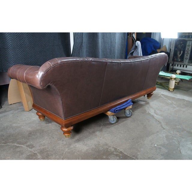 Late 20th Century Baker Furniture Stately Homes Tufted Brown Leather & Walnut Chatsworth Sofa For Sale - Image 15 of 15