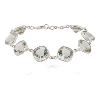 Mid Century Modern 38.62 CTW Cushion Cut Green Amethyst Station Link Bracelet in 925 Silver For Sale
