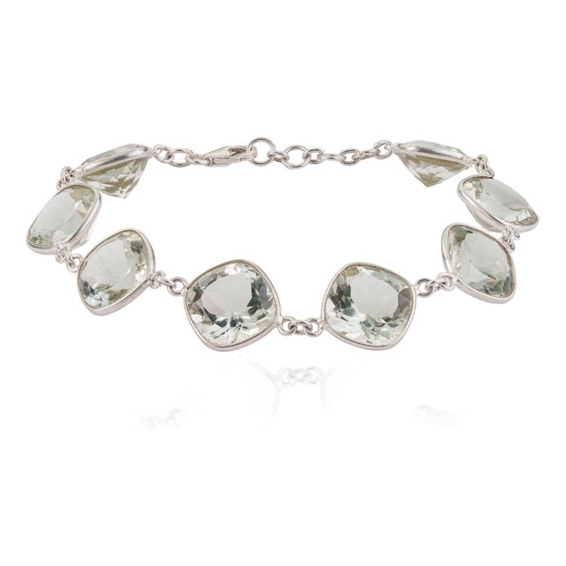 Mid Century Modern 38.62 CTW Cushion Cut Green Amethyst Station Link Bracelet in 925 Silver For Sale