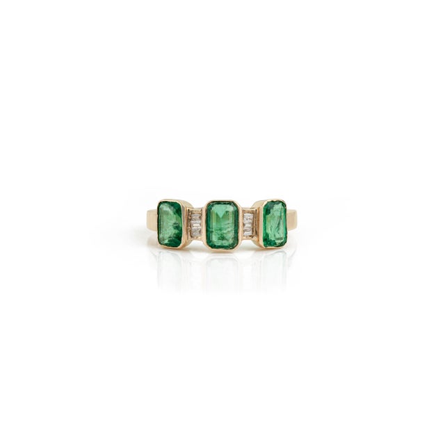 Natural Zambian Emerald Three Stone Ring With Diamond Accents in 14k Gold Size 9 For Sale - Image 4 of 15